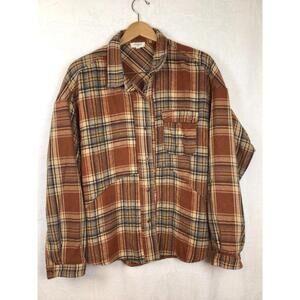 Umgee Plaid Flannel Shirt Womens Large Button Up Western Shacket Brown